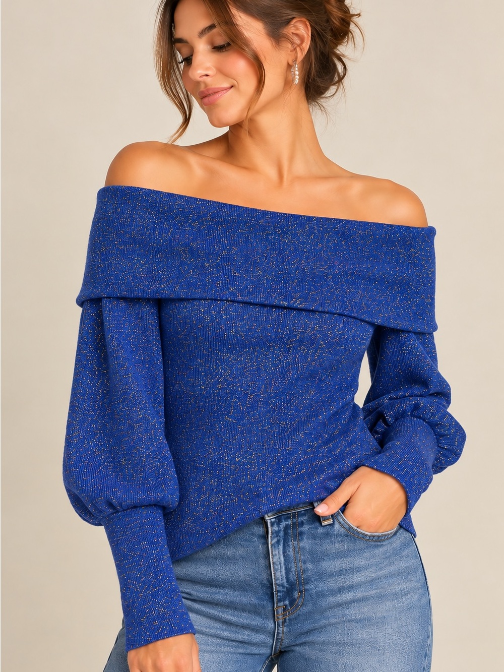 By Anthropologie Sensual Off Shoulder Sparkly Sweater Blue Size S